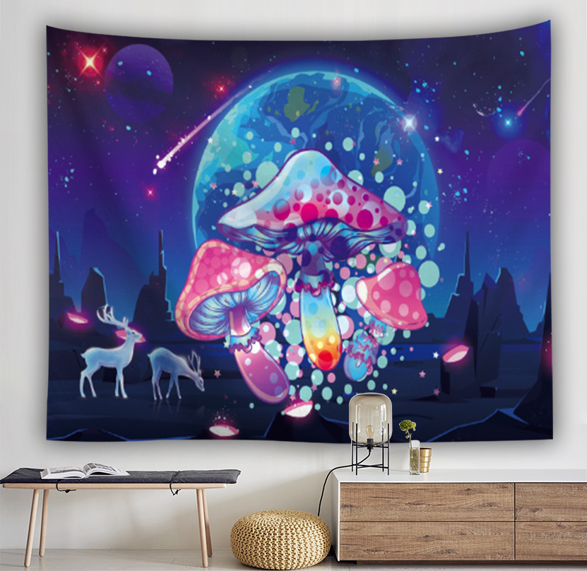 厂家定制挂毯野餐垫彩色星球蘑菇宇宙星空花印花壁挂壁饰t227