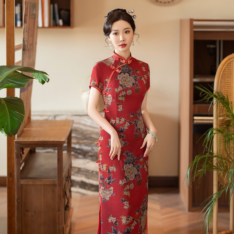 2024春夏季新品改良复古丝绸双层长款旗袍日常修身女士印花旗袍