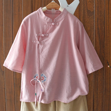 复古文艺范棉麻上衣女夏装短款五分袖民族风衬衫中国风盘扣茶服