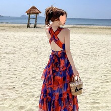 三亚旅游穿搭露背海边度假裙波西米亚长裙挂脖超仙连衣裙女沙滩裙