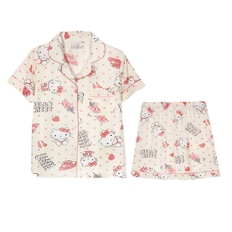 High Quality Imitation Cotton Japanese Cute Hello Kitty Cardigan Short Sleeve Student Pajamas Female Summer Sweet Beauty Ladies' Homewear