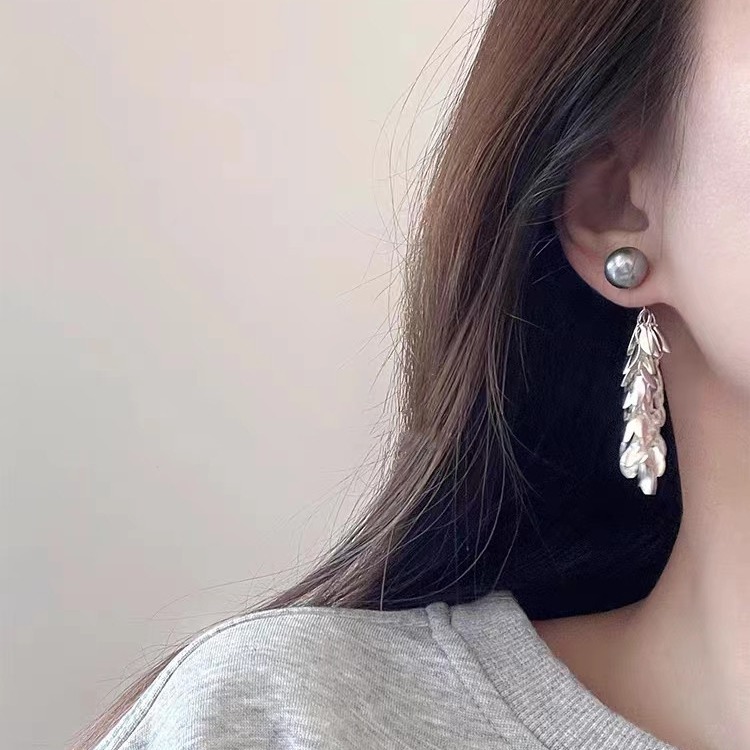秋冬新款方脸适合的耳环小众银针清冷灰色珍珠流苏大脸耳坠耳饰女