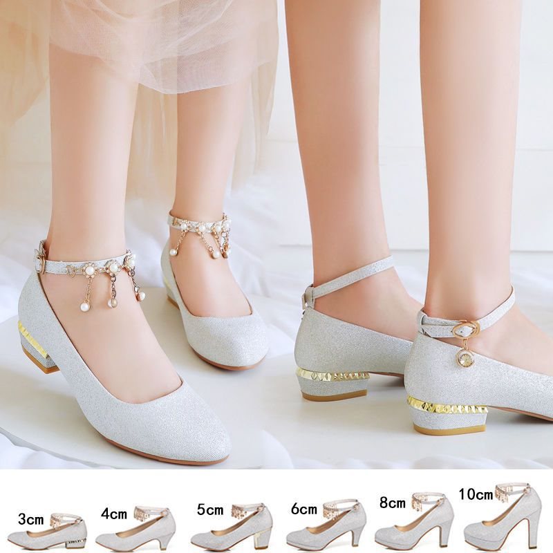 礼服鞋女中跟平底演出银色学生高跟鞋宴会低跟伴娘鞋粗跟公主鞋子