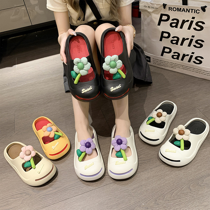 Candy-Colored Flower Closed-Toe Slippers Women's Summer Wear New Cute Slip-on Platform Sandals Beach Hole Shoes Women