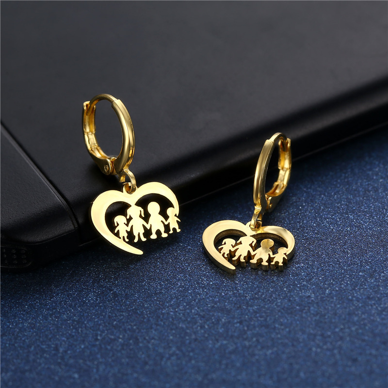 Amazon Popular Earrings Women's Christmas Gift Gold Love Family Series Stud Earrings Stainless Steel Family Portrait Earrings