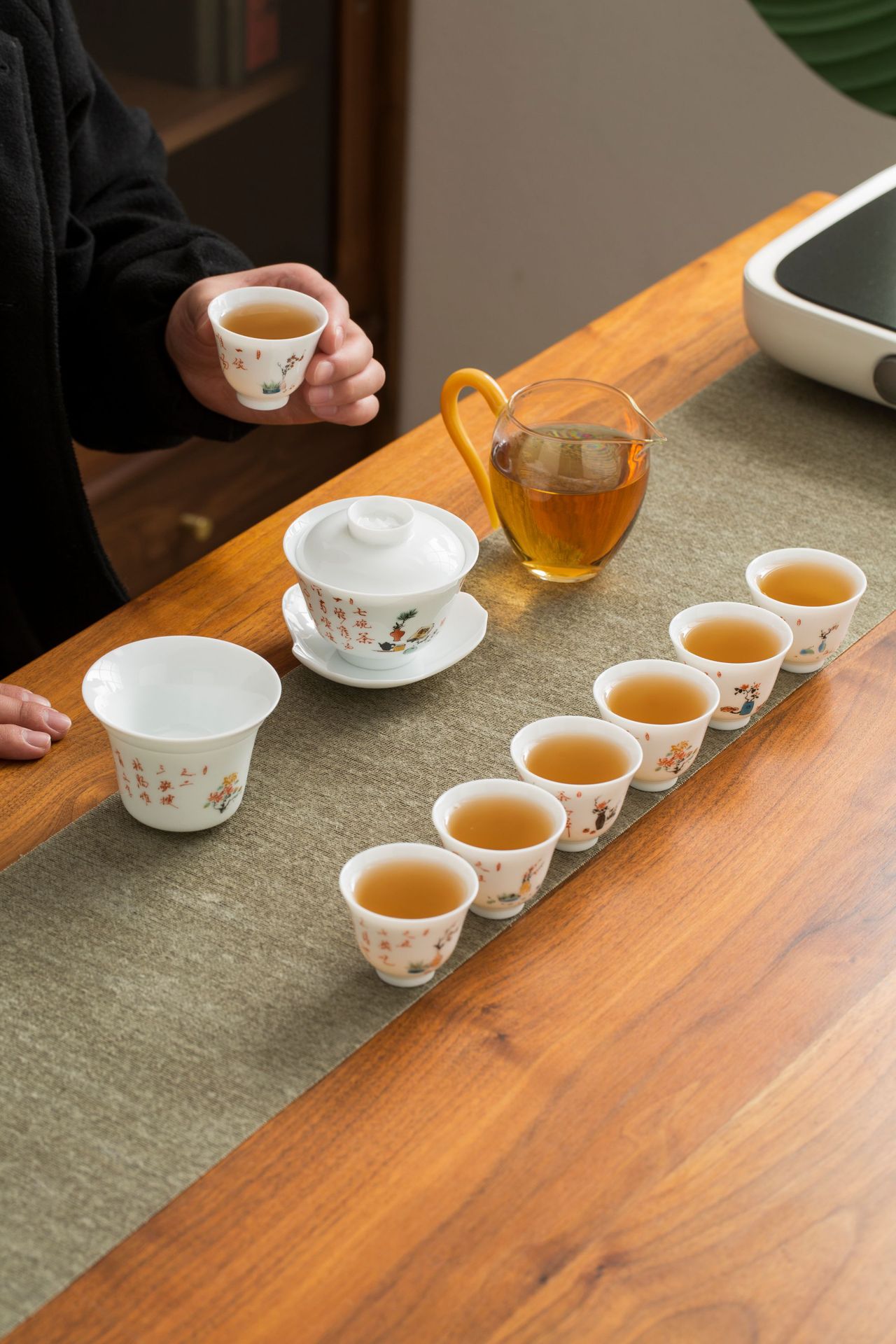 德化羊脂玉白瓷七碗茶诗功夫茶具套装礼品陶瓷盖碗品茗杯三才茶碗