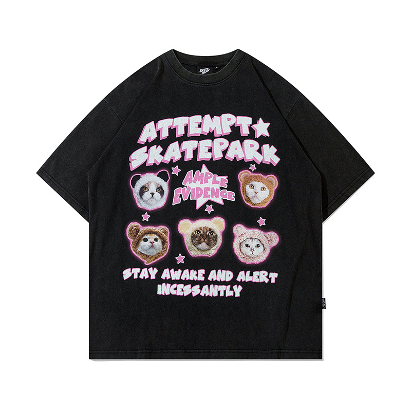 美式复古可爱猫咪头印花短袖男女情侣款休闲夏季oversiz