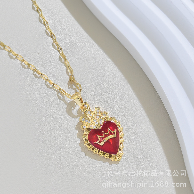 欧美跨境新款爱心项链女小众高级感ins时尚气质镶红宝石吊坠配饰