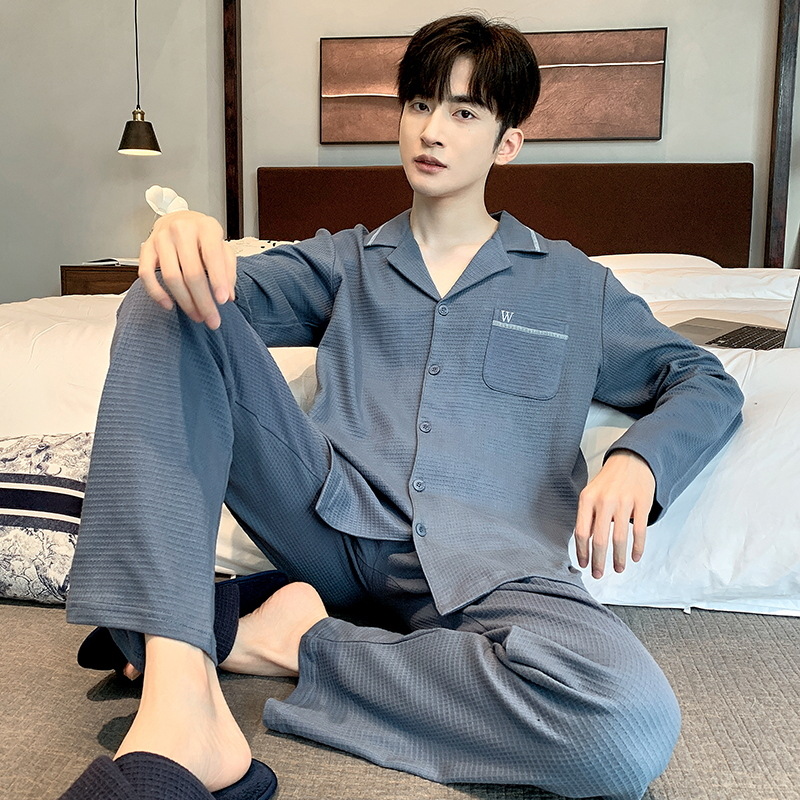 Men's Pajamas Autumn and Winter Waffle Cardigan Long Sleeve Pants Teenagers Thick Casual Suitable for Daily Wear Men's Homewear