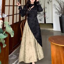T新中式假两件撞色长袖旗袍连衣裙秋冬季大码气质氛围感设计长裙