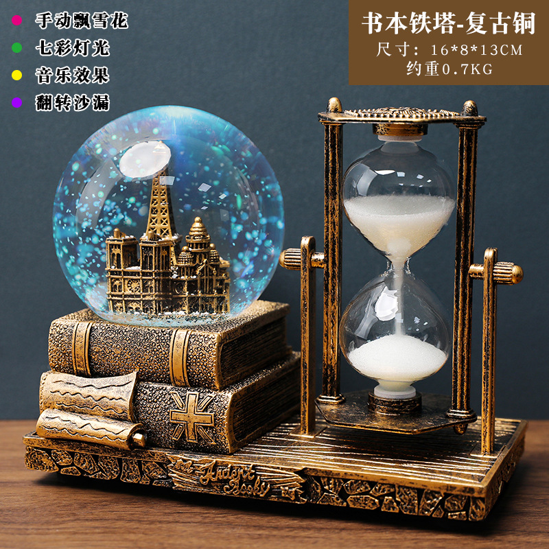 Retro Tower Hourglass Timer Crystal Ball Music Box Luminous Desktop Decoration Student Graduation Christmas Gift