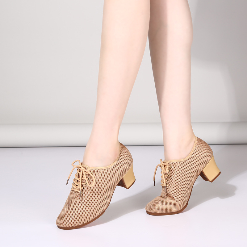 跨境女士拉丁舞鞋软底广场舞成人教师中跟网布舞蹈鞋华尔兹国标新