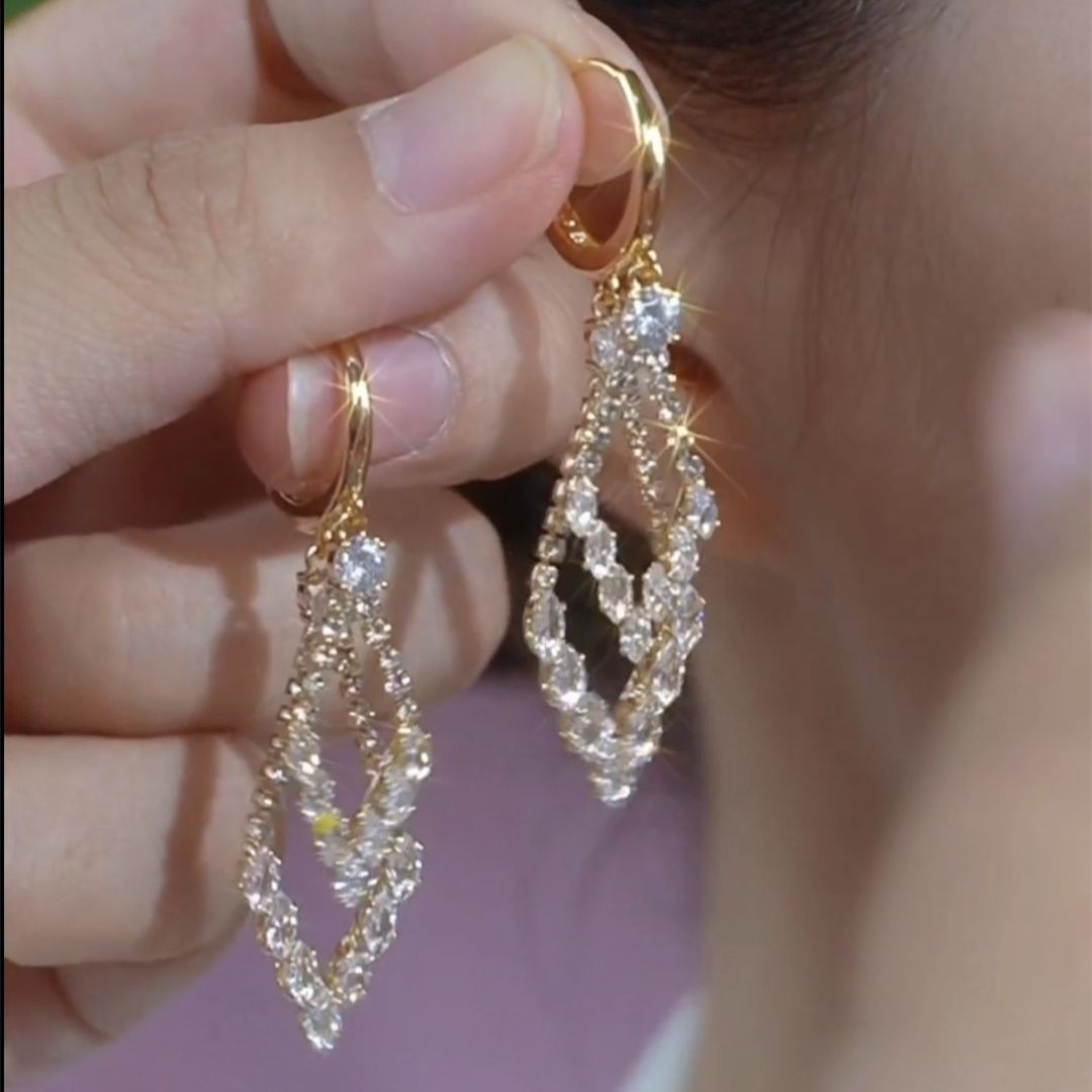 双层几何菱形满钻耳环女显脸瘦气质水晶耳坠2024新款高档耳饰批发