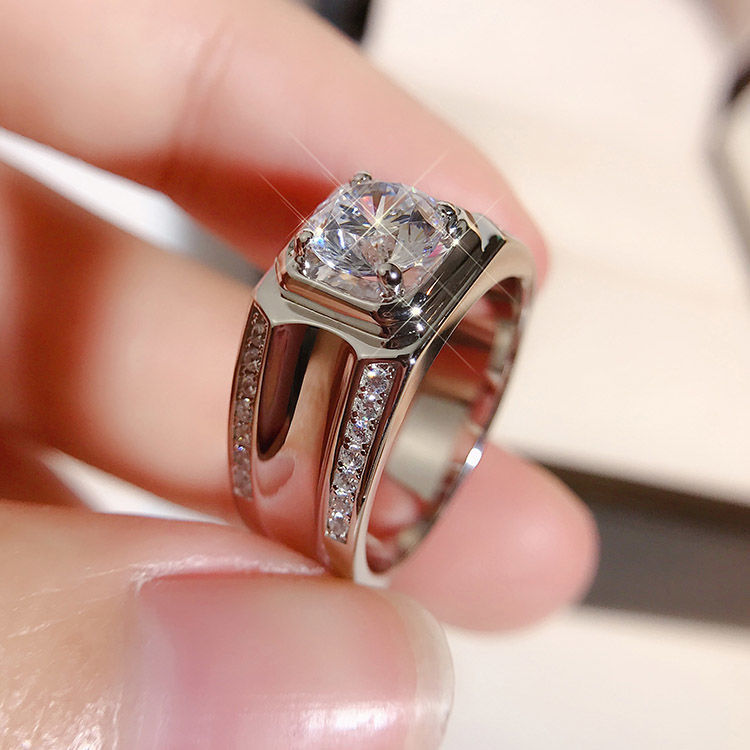 热卖铂金钻戒1克拉莫桑石男士戒指单身霸气情侣送礼白金结婚对戒