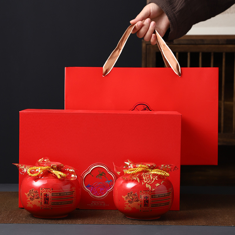 中国红色陶瓷茶叶罐包装空礼盒装红茶绿茶普洱中号密封罐通用送礼