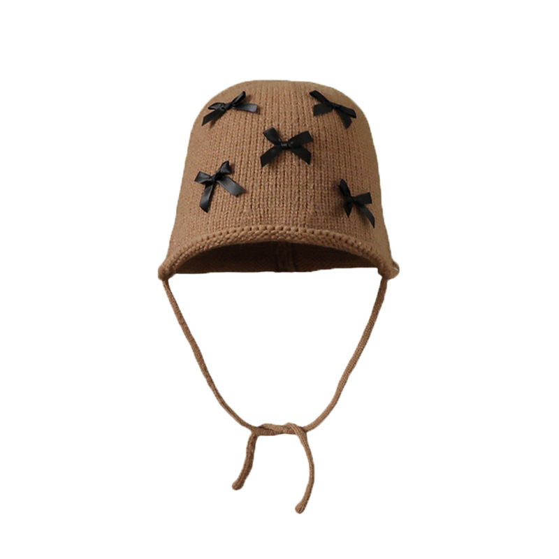 Hin Likes It! Han! Cute Bow Knitted Fisherman Hat Women's Autumn and Winter Face-Looking Braid Wool Bucket Hat