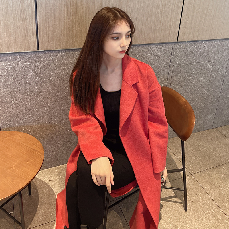 现货一件代发2021秋冬新款双面羊绒大衣女中长款过膝开叉西瓜红