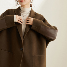 双面羊绒大衣女小个子短款2024年春秋新款高端洋气西装领拼皮外套