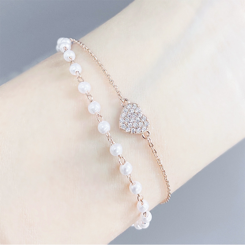 Micro Inlaid Zircon Korean Fashion Bracelet Women's Pearl Bracelet Fashion Student Gift Peach Heart Hand Jewelry Source Factory