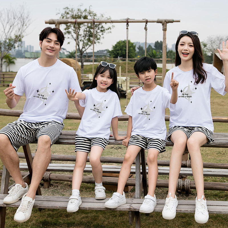 亲子装一家三口四口棉质短袖上衣2024新款母女母子装夏季白色t恤