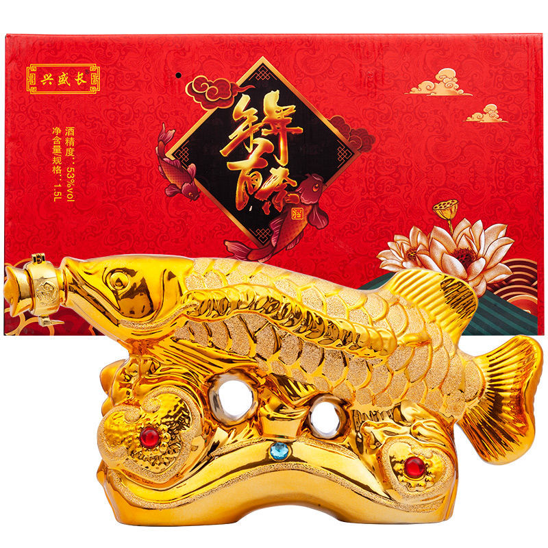 兴盛长金色金龙鱼工艺摆件纯粮酿造礼盒装清香型优级酒53度1500ml