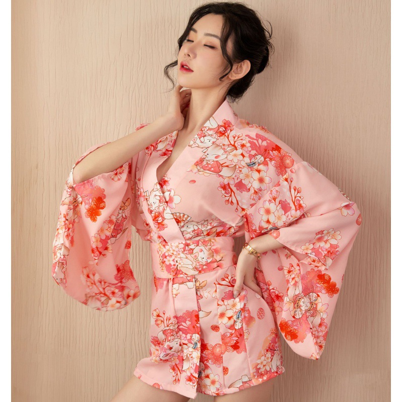 雨夜迷情 性感情趣内衣女新款日式印花雪纺樱色花和服浴袍套装