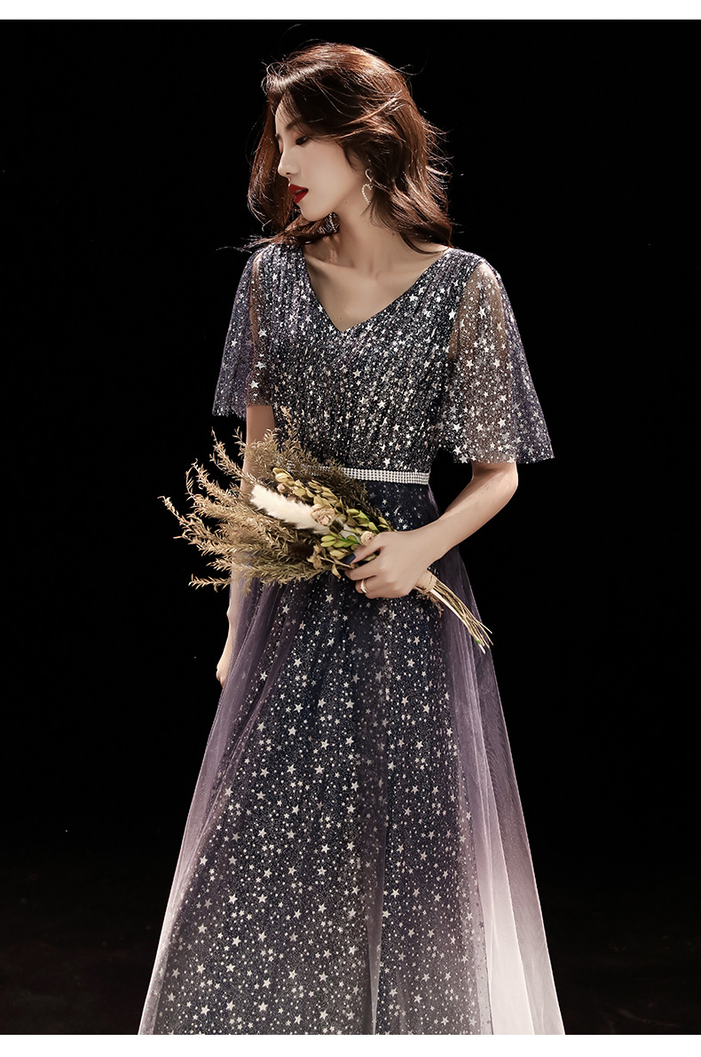 合唱团演出服宴会晚礼服女2022夏季新款星空渐变主持人显瘦连衣裙