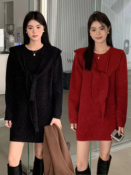 小个子穿搭一整套感红色过年女装衣服秋冬针织连衣裙毛衣裙子