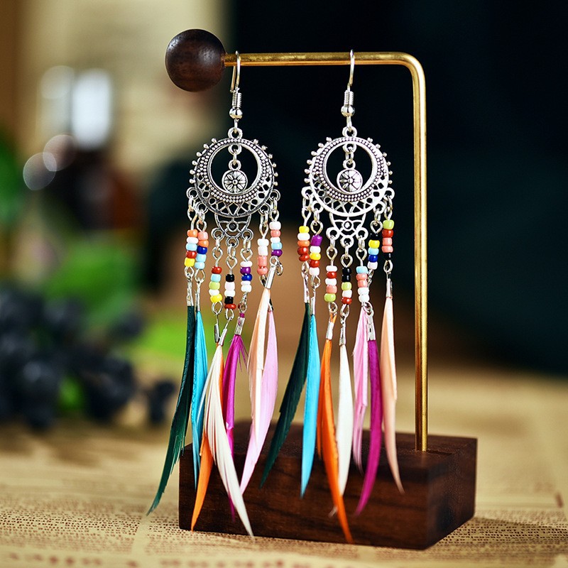 2023 New Fashion Retro Hollow Long Feather Earrings European and American Colorful Bead Tassel Earrings Bohemian