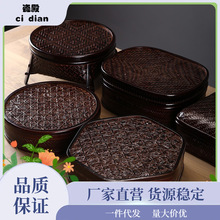 竹编日式大漆复古食盒收纳筐圆形带盖茶具收纳盒漆器礼品篮手提篮