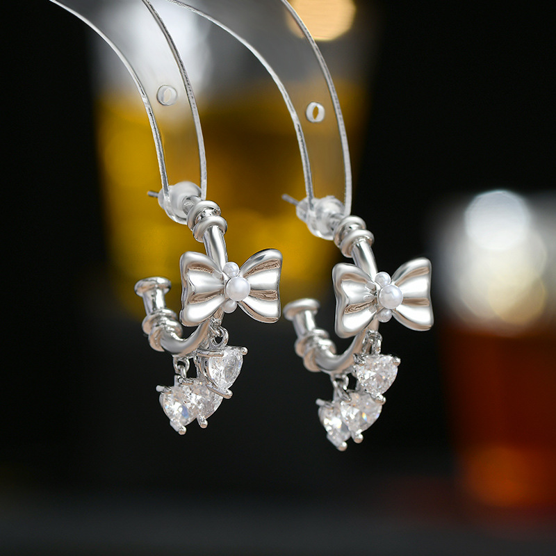 Sterling Silver Needle Affordable Luxury Style Inlaid Zircon Elegant Stud Earrings Women's High-Grade Pearl Bow Earrings Commute Style Earrings