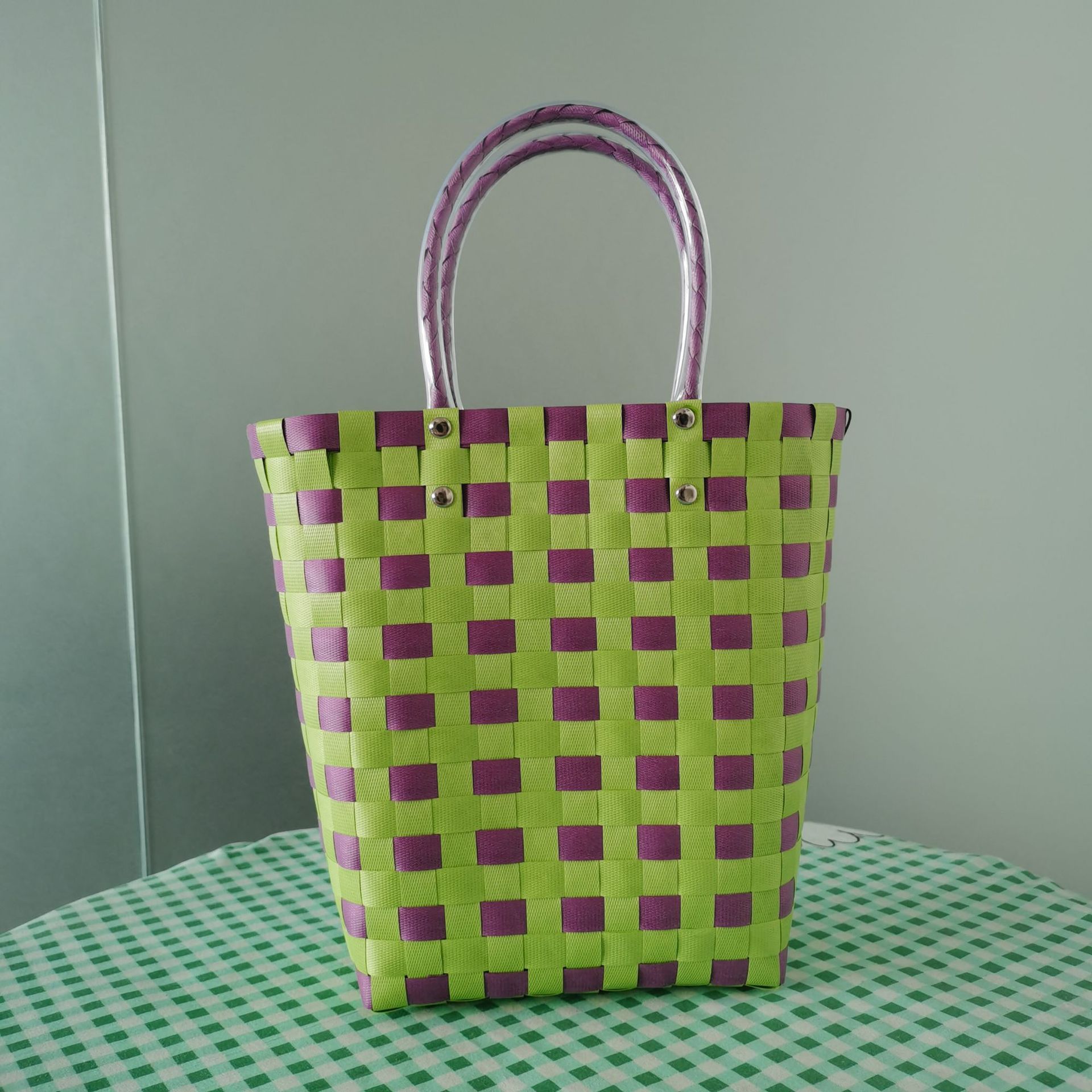 Internet Celebrity Plastic Woven Bag Plaid Beach Bag Large Capacity Portable Contrast Color Vegetable Basket Bag Picnic Basket Handbag