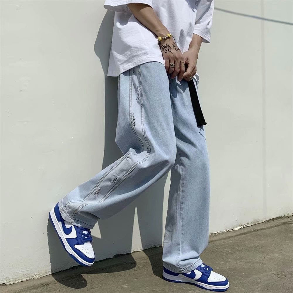 Ripped Jeans Men's Summer Thin Loose Straight Pants Trendy Ins Trendy Ruan Handsome Wide-Leg Trousers