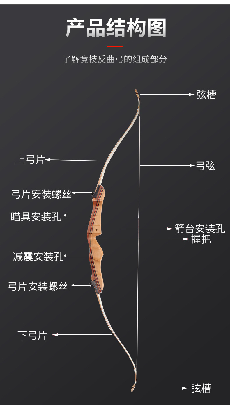 现货批发反曲弓箭套装 木把竞技反曲弓射箭分体式弓箭16-38磅可选