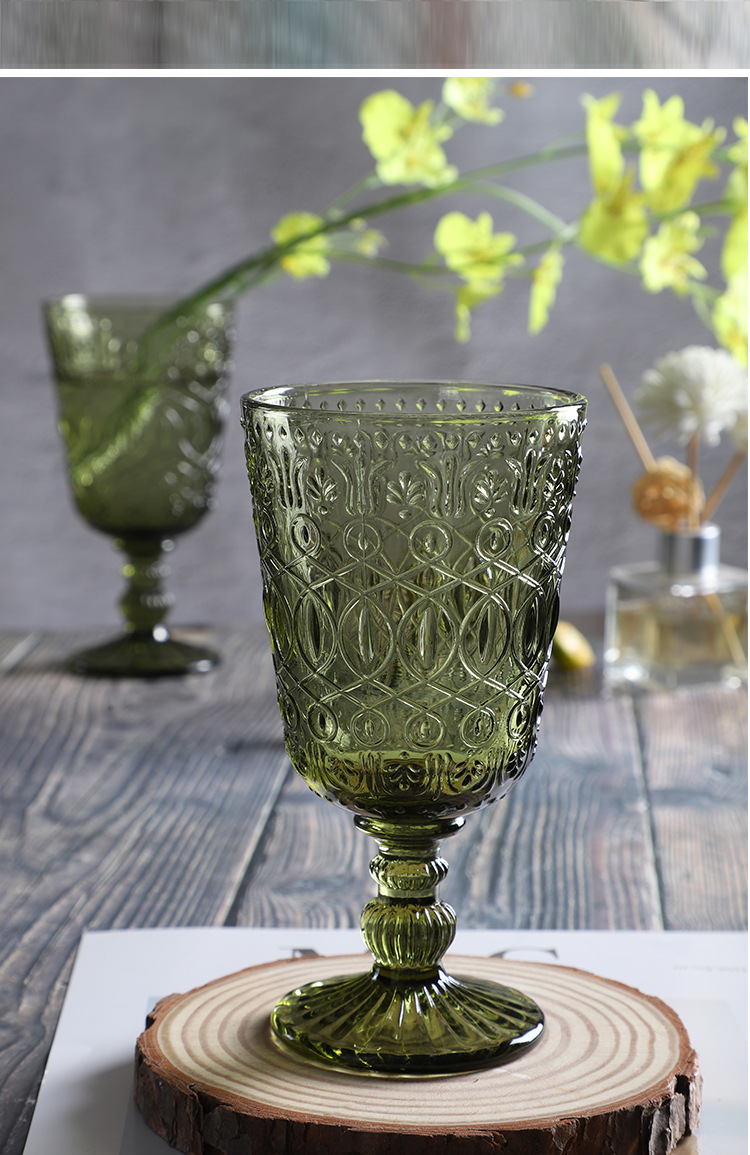 复古浮雕玻璃红酒杯欧式高脚玻璃杯彩色果酒杯生日果汁玻璃杯家用