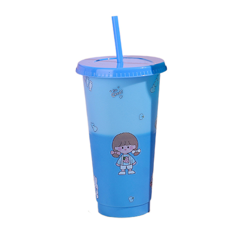 Summer Simplicity Cartoon Cute Color Changing Children's Water Cup Student Good-looking Stickers Plastic Portable out Cup with Straw