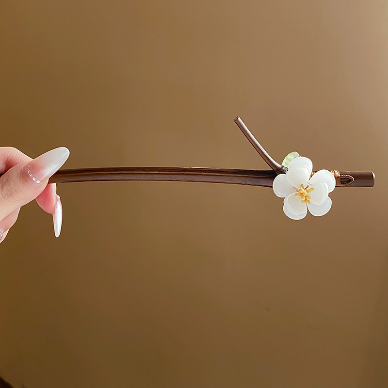 New Chinese Style Pearl Maple Leaf Bamboo Flower Wooden Hair Clasp Hairpin Antique Traditional Han Clothing Accessories Updo Hair Clasp Stylish Hair Accessories Female
