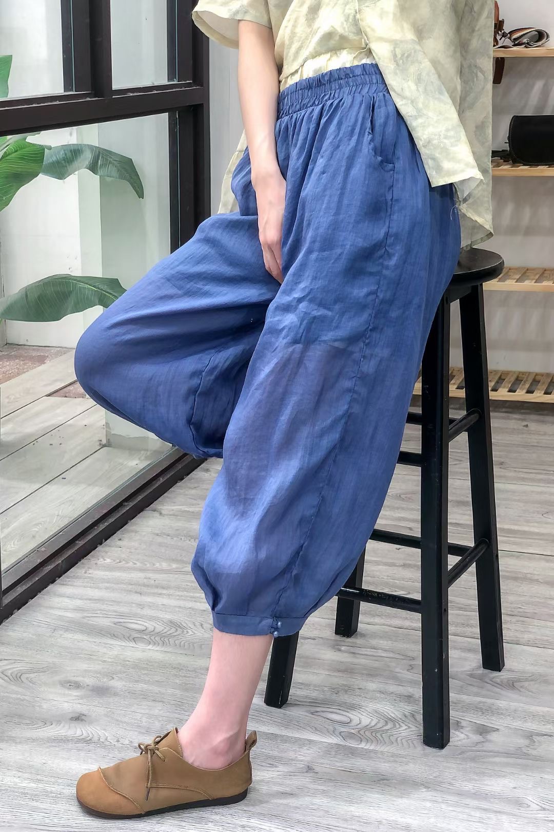 夏季文艺苎麻薄款八分裤女民族风纯色收脚包扣松紧腰休闲裤哈伦裤