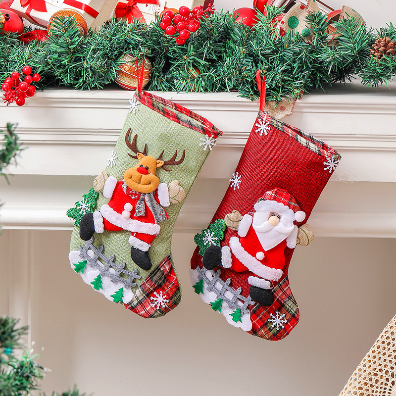 Hong Kong Love Cross-Border Linen Large Christmas Stockings Fence Christmas Gift Bag Christmas Tree Ornaments Candy Bag Decorations