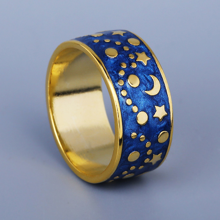 创意油画效果珐琅戒指星空月亮设计跨境首饰情侣戒指生日派对
