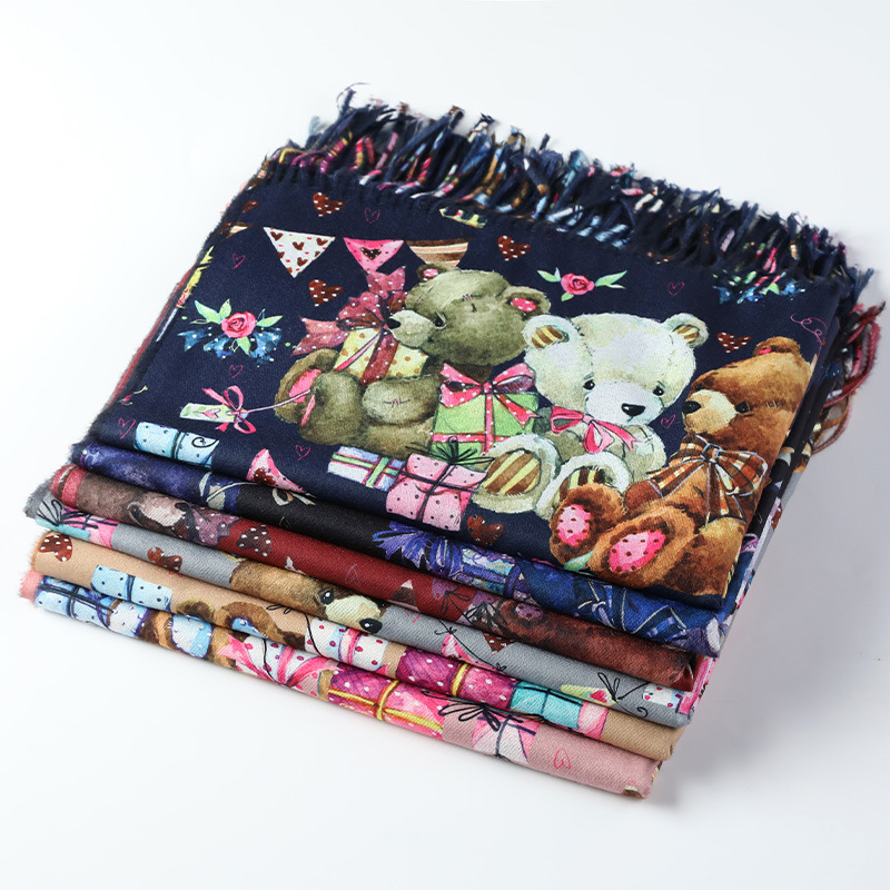 Cashmere-like Digital Printing Scarf New Autumn and Winter Double-Sided Oil Painting Teddy Bear Thickened Warm Travel Gift Shawl