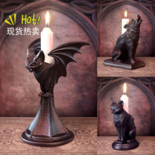 跨境新款万圣节哥特式蝙蝠狼烛台黑猫蜡烛台家居桌面装饰树脂摆件