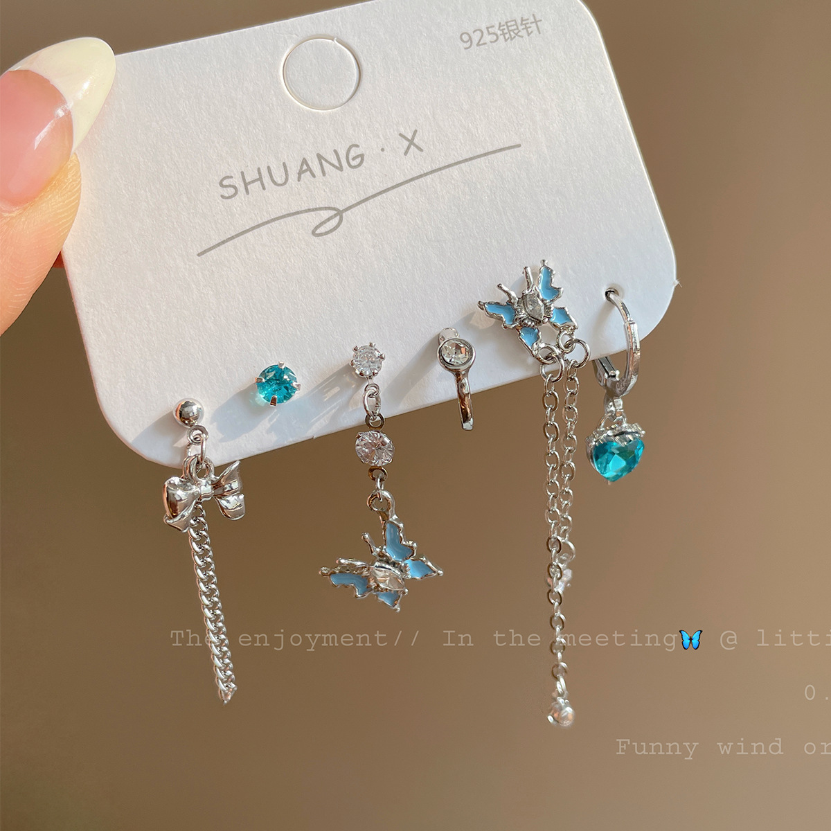 Spring and Summer Blue Butterfly Girl Ear Buckle Set Silver Needle Personality Niche New Sweet Cool Asymmetric Temperament Tassel Earrings