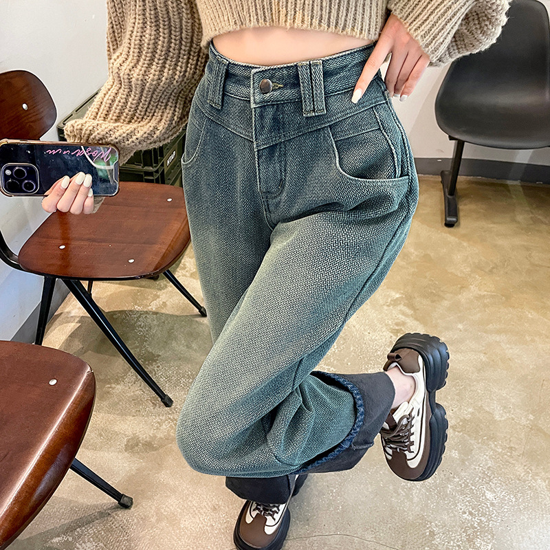 High Waist 2023 Autumn and Winter American Hot Girl Fleece-lined Thick Jeans Women's Retro Starry Sky Pattern Loose Straight Wide Leg Pants