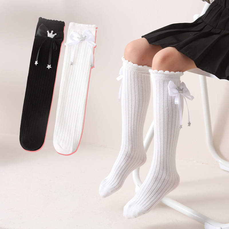 女童袜子春秋jk潮流黑白儿童袜星星皇冠学院风纯色小腿袜宝宝长筒