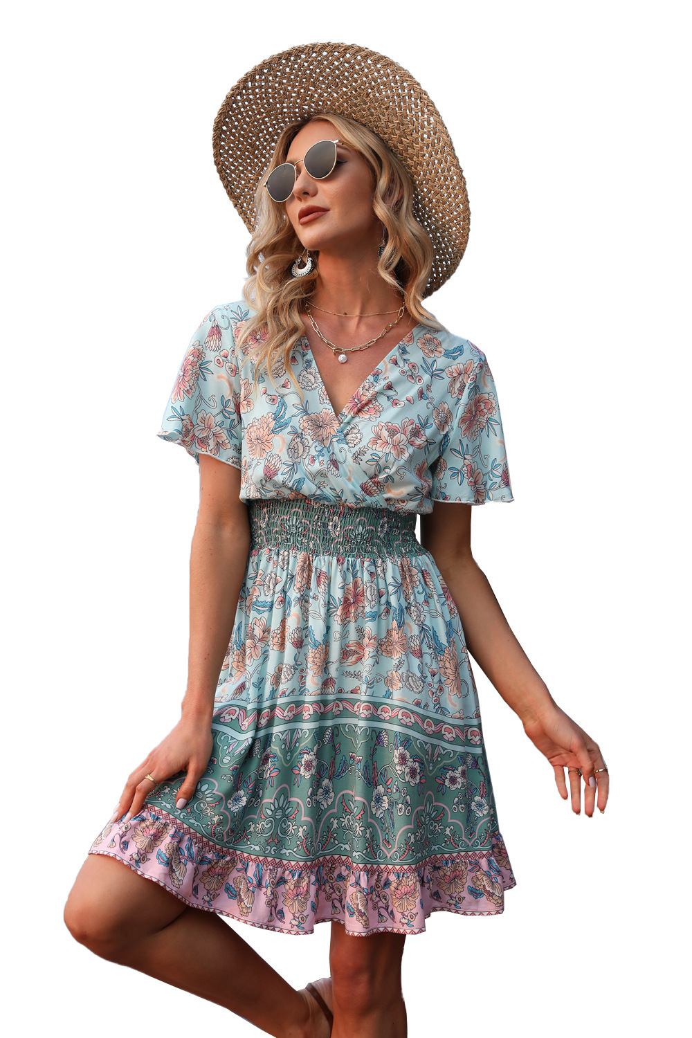 跨境欧美女装高腰v领短袖波西米亚风印花连衣裙2021春季新品a字裙