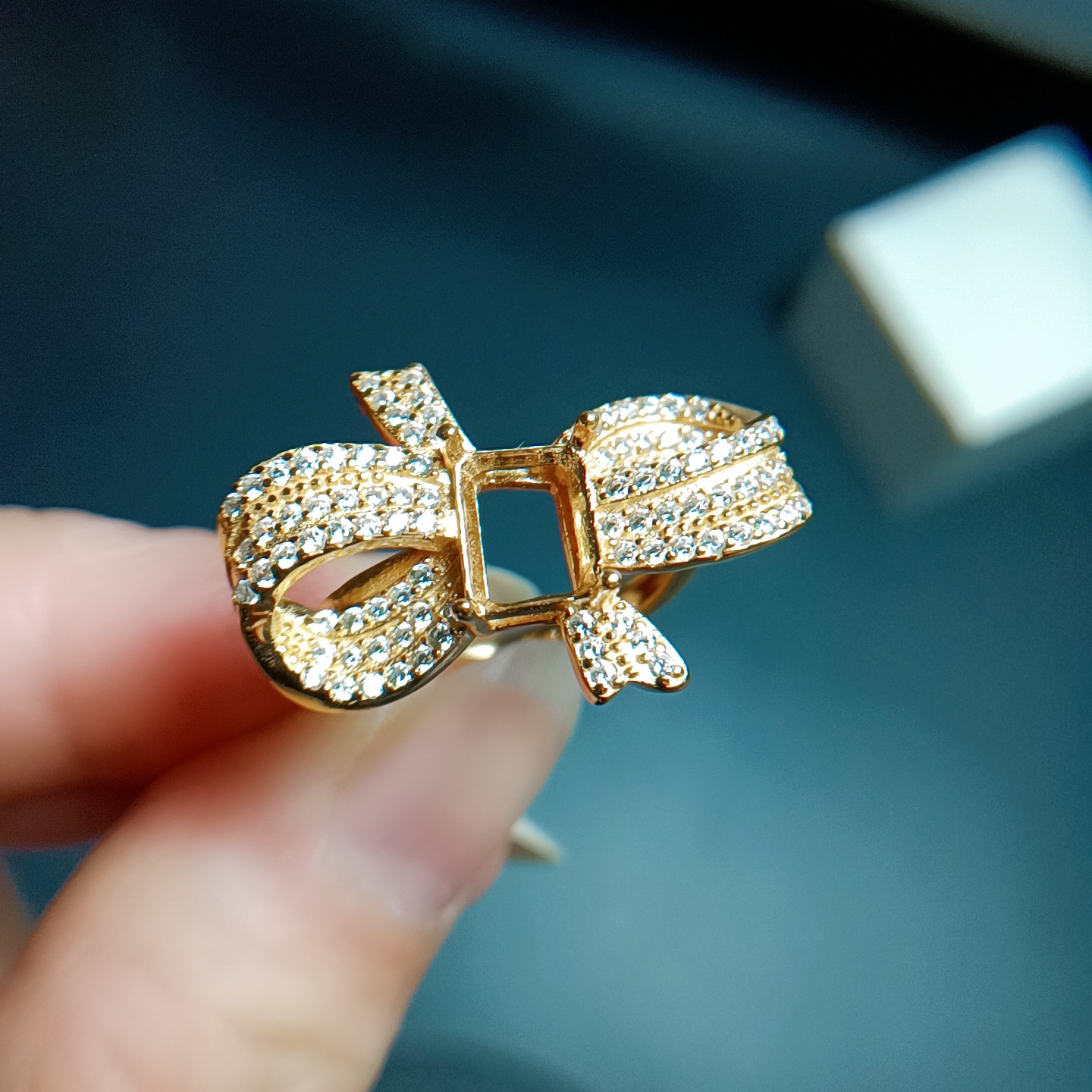 蝴蝶结s925银戒指 空托长方倒角5*7mm 镀18k白金黄金色 镶嵌银托