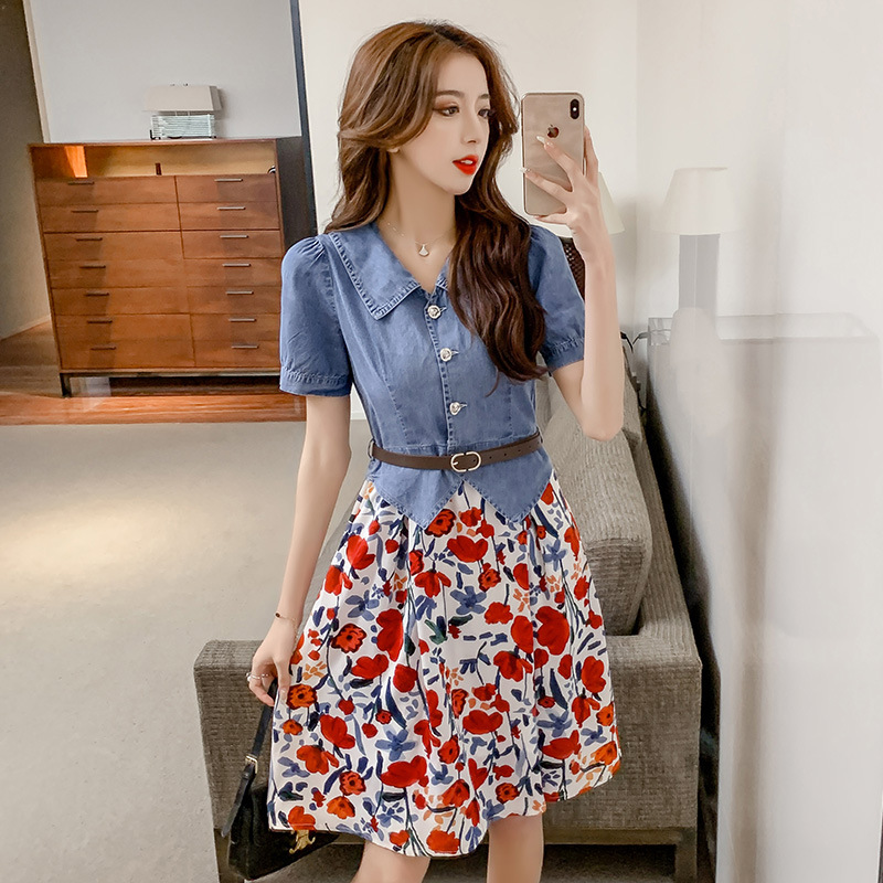 源头货源年夏季新款牛仔拼接碎花连衣裙女配腰带