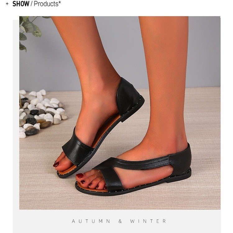 新款欧美罗马风外贸大码鱼嘴一字型平底凉鞋2024新款露趾跨境女鞋