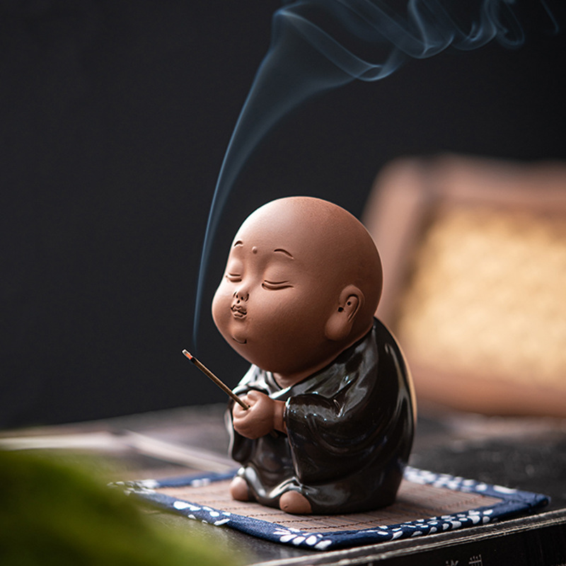 创意陶瓷可爱小和尚香道桌面摆件家用线香插香器香熏香炉香托香盘